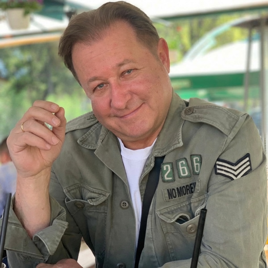 Goran Goda, seated outdoors at a table, looking at the camera