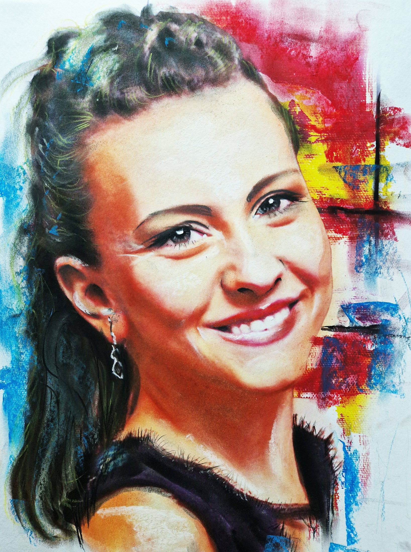 Soft pastel portrait of a smiling young woman with dark hair, red, yellow, and blue strokes behind her