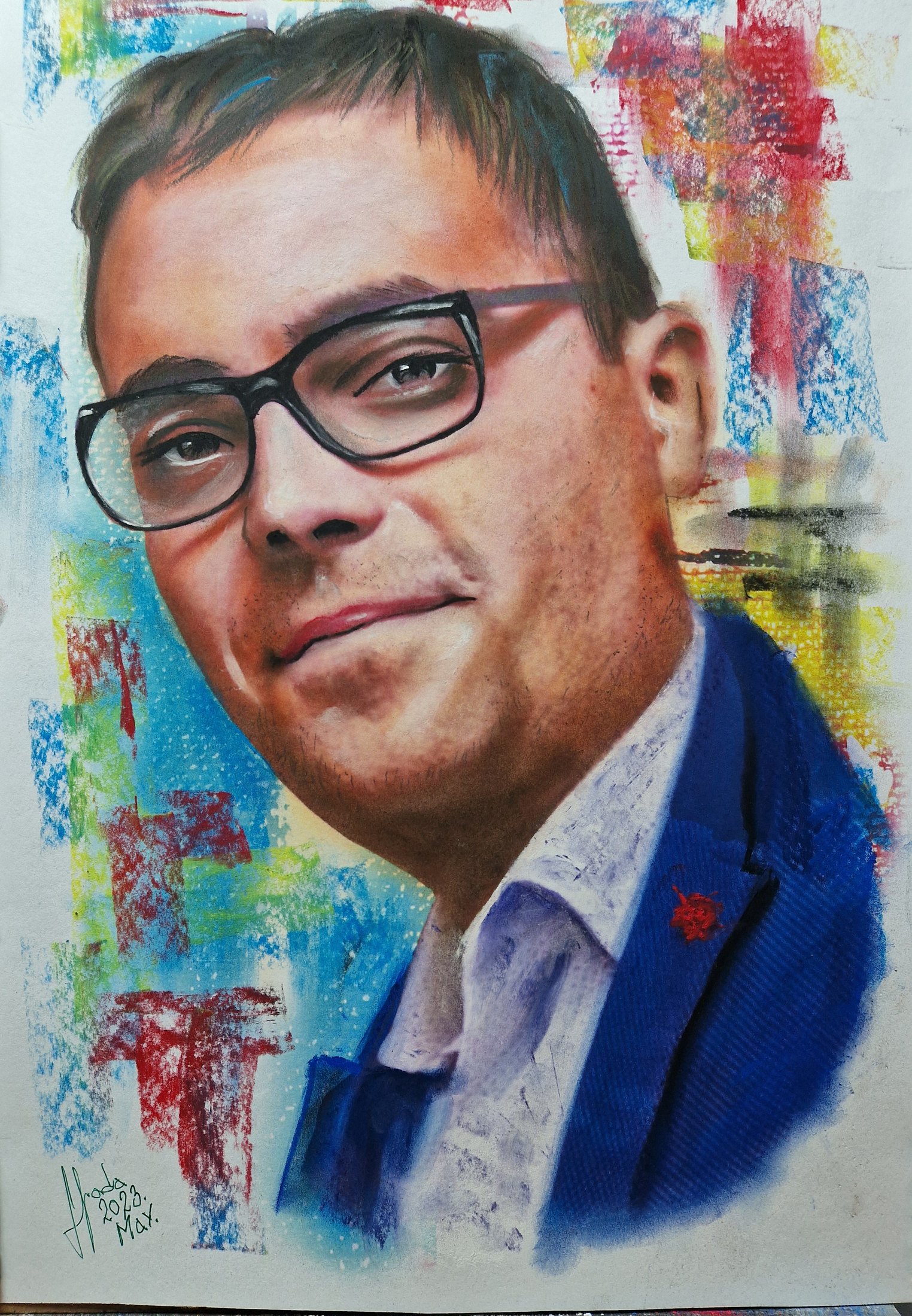 Soft pastel portrait of a man in glasses and a blue jacket, colored strokes behind him